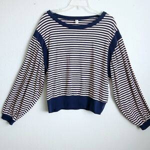 Bp Stripe Pullover Puff Sleeve Womens Size Small Navy/Tan Sarah Cotton
